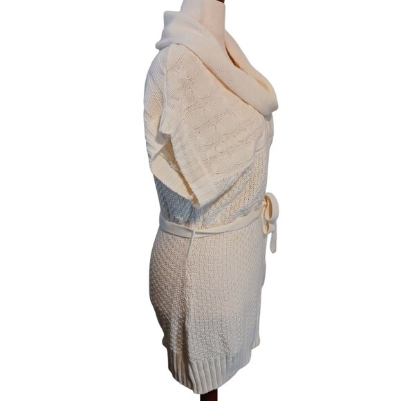 Apostrophe Short Sleeve Loose-Knit Cowlneck Sweater Dress, Cream/Ivory Color, XL - Picture 3 of 14